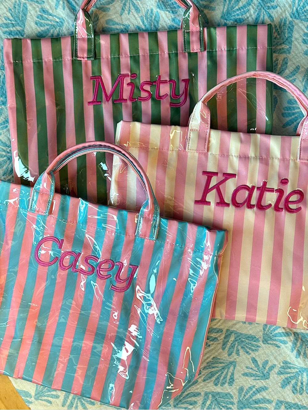 Personalized Pink & Green Striped Vinyl Tote - Custom Name
